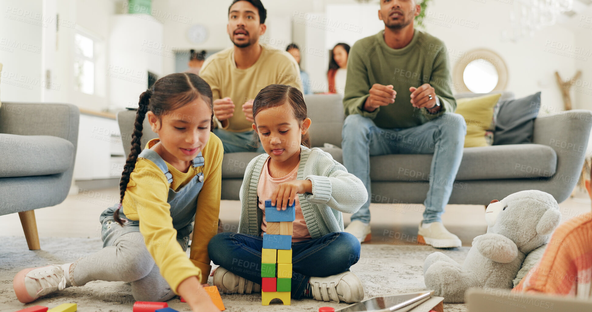 Buy stock photo Building blocks, playing and children on floor in home with bonding, connection or growth together. Fun, game and kids with toys for creative activity with sensory development, skills or education.