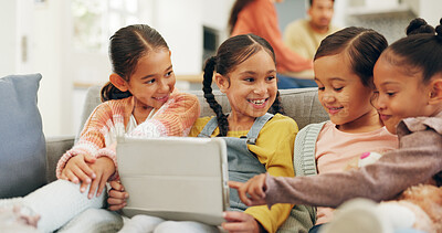 Buy stock photo Family, smile and children with tablet on couch, cartoon decision discussion and site for streaming. Pointing, movie subscription and girls with entertainment for weekend, film choice or tech in home