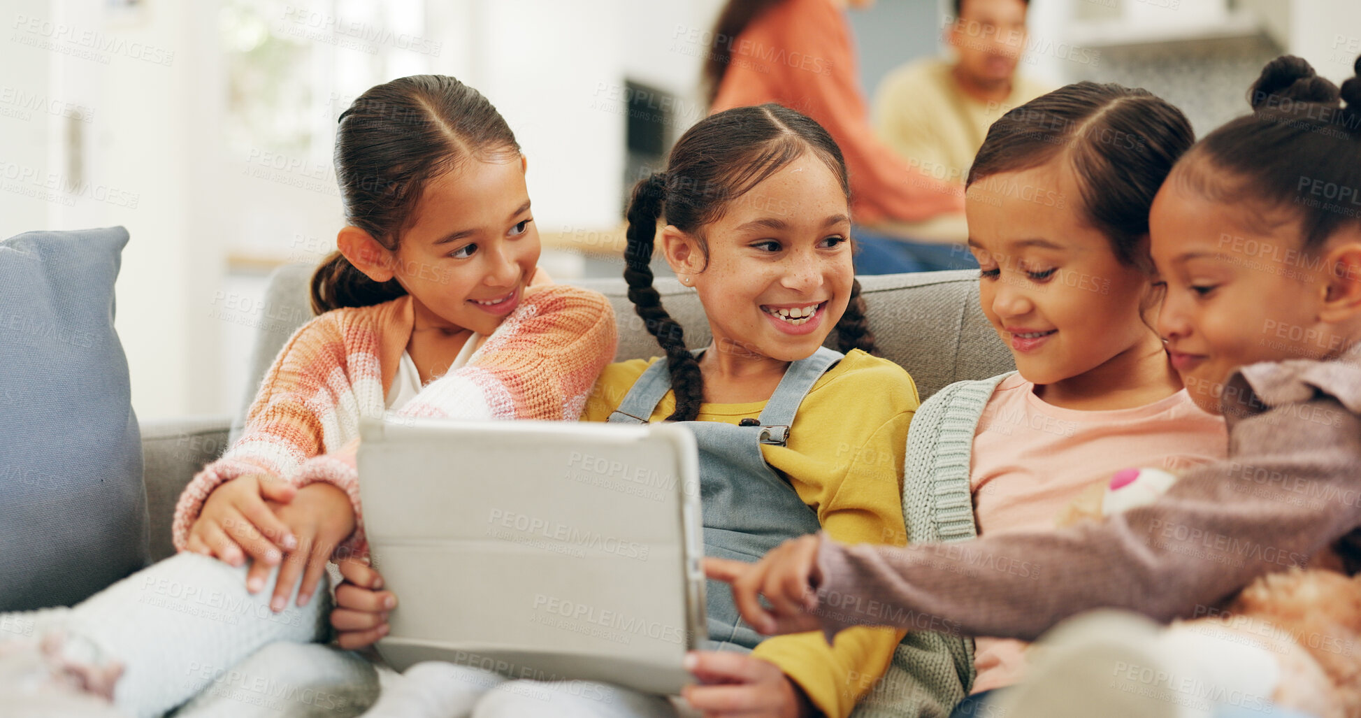 Buy stock photo Family, smile and children with tablet on couch, cartoon decision discussion and site for streaming. Pointing, movie subscription and girls with entertainment for weekend, film choice or tech in home
