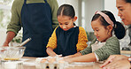 Home, parents and kids baking with dough for learning dessert recipe, bonding and development. Support, family or children with flour mixture for cake, teaching how to or kneading guidance in kitchen