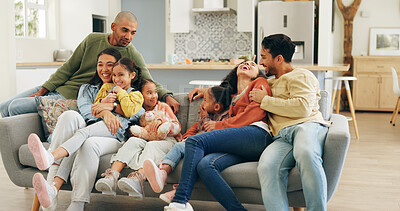 Buy stock photo Funny, family and girls in home, happiness and bonding together in living room. Apartment, people and kids on couch, relax and laughing for joke, weekend break and parents with daughters and humor