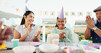 Family, applause and child with birthday cake outdoor for party, celebration and bonding together. Smile, people and clapping hands with kid for wish, gathering and singing song for special occasion