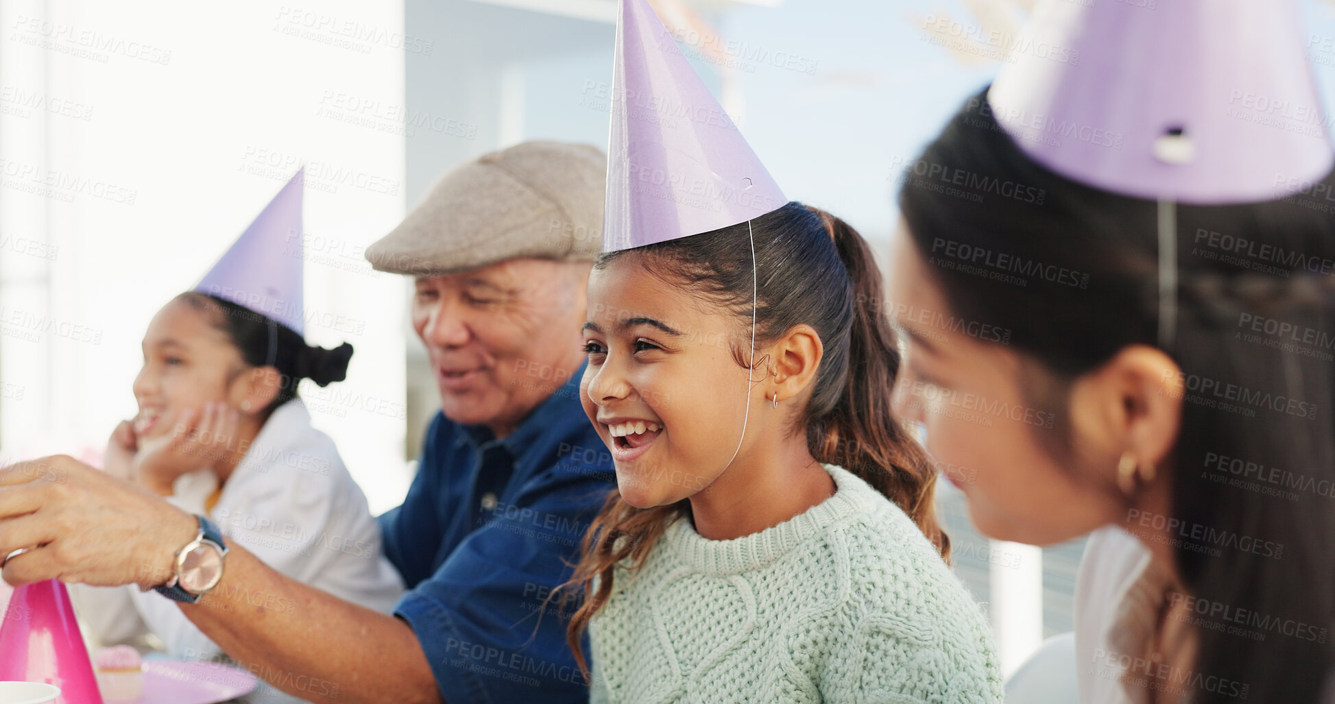 Buy stock photo Family, child and excited for birthday in home, bonding together and laugh with generations. Grandparent, happy girls and mother at party for special day, celebration and funny kids with grandfather