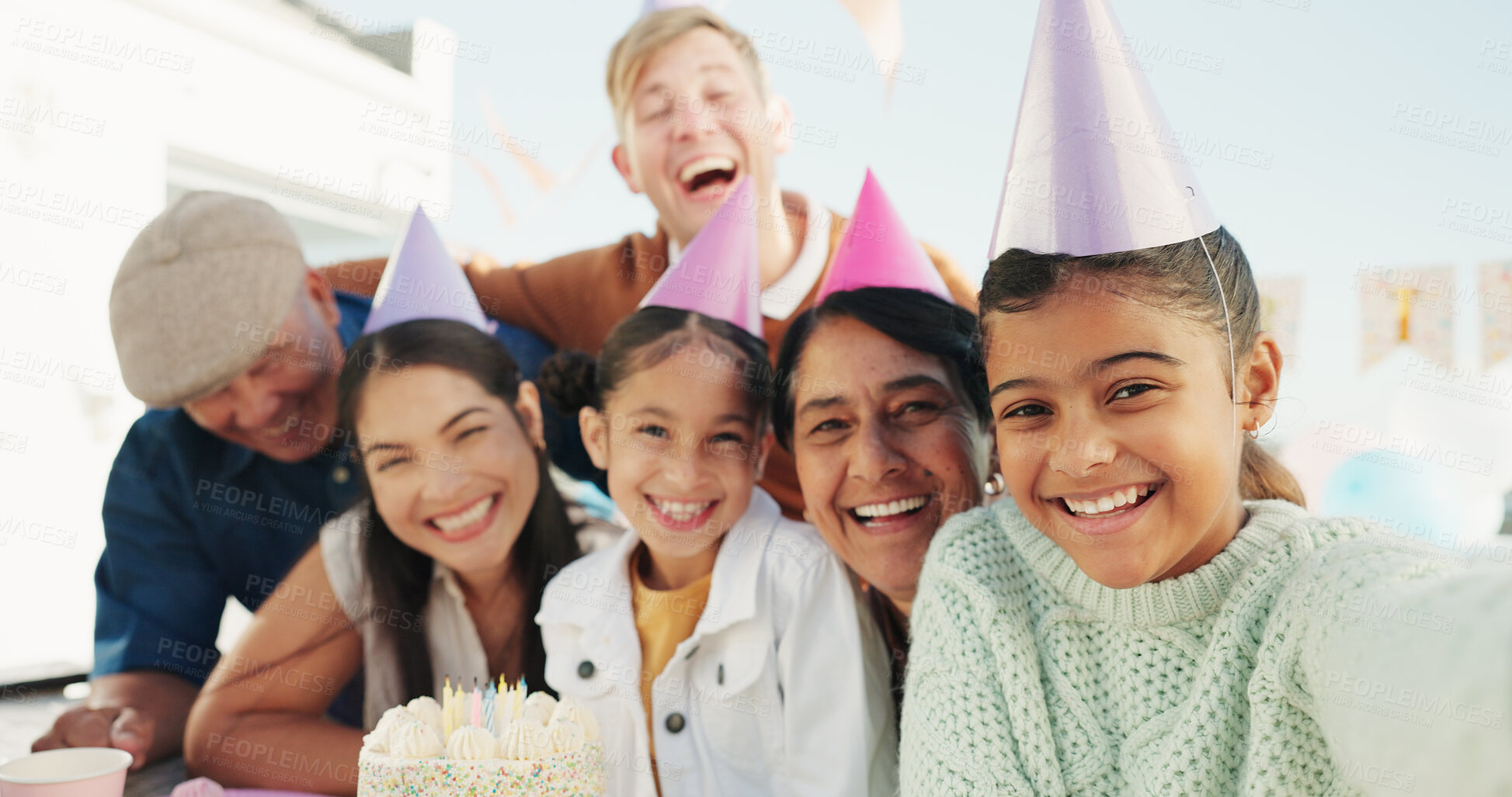 Buy stock photo Portrait, family or child at birthday party with selfie, generations bonding or memories in backyard. Happy, people and girls outdoor with parents, grandparents or photography for celebration event.