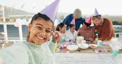 Buy stock photo Portrait, family and girl at birthday party with selfie, peace sign or generations bonding in backyard. Happy, child and v gesture outdoor on patio with parents, grandparents or photo for celebration