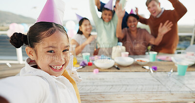 Buy stock photo Happy child, birthday and portrait with family for selfie, outdoor party or memory together. Excited girl, smile or group picture with photography for capture moment, social gathering or celebration