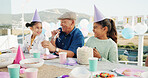 Grandfather, kids and horn for birthday celebration, bonding together and laughing at patio. Grandparent, happy girls and blower at party with cake, special day and funny children at family home