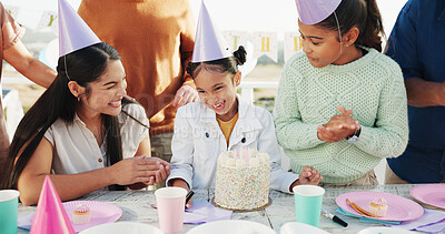 Buy stock photo Happy girl, family and applause with birthday party, cake or hat for outdoor celebration together. Excited, child or clapping with smile, dessert or milestone for year, wishing or social gathering