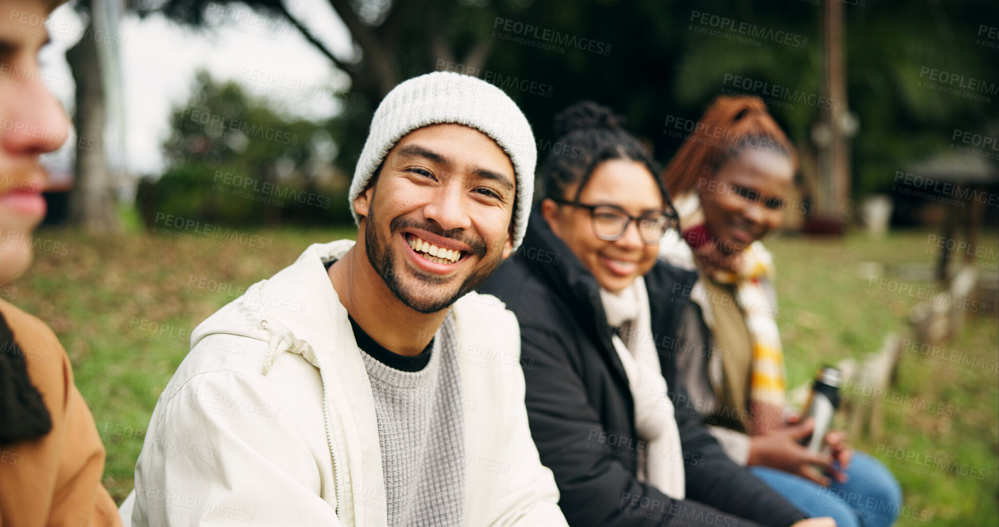 Buy stock photo Smile, friends and camping with man in nature for eco travel vacation, adventure and weekend break. Portrait, winter holiday and sustainability tourism with people outdoor for explore and trip