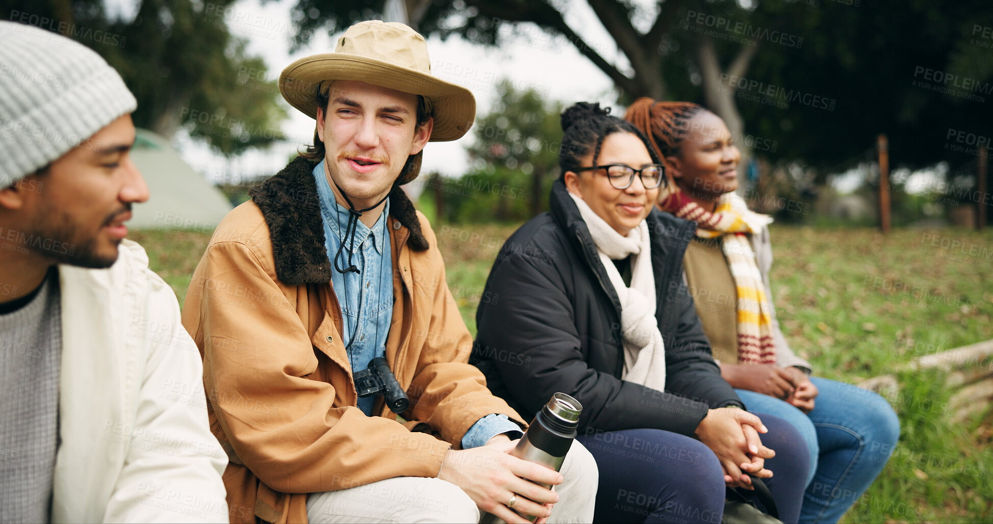 Buy stock photo Travel, camping and talking with friends in nature for relax, adventure and winter vacation. Weekend break, wilderness explore and holiday getaway with people outdoor for campsite trip and bonding