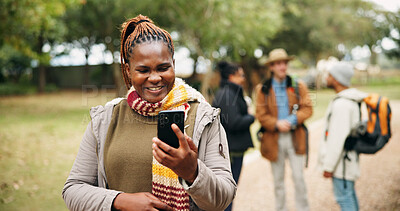 Buy stock photo Hiking, phone and smile with woman in nature for location search, online guide and contact. Trekking trail, holiday getaway and communication with people outdoor for journey explore and travel app