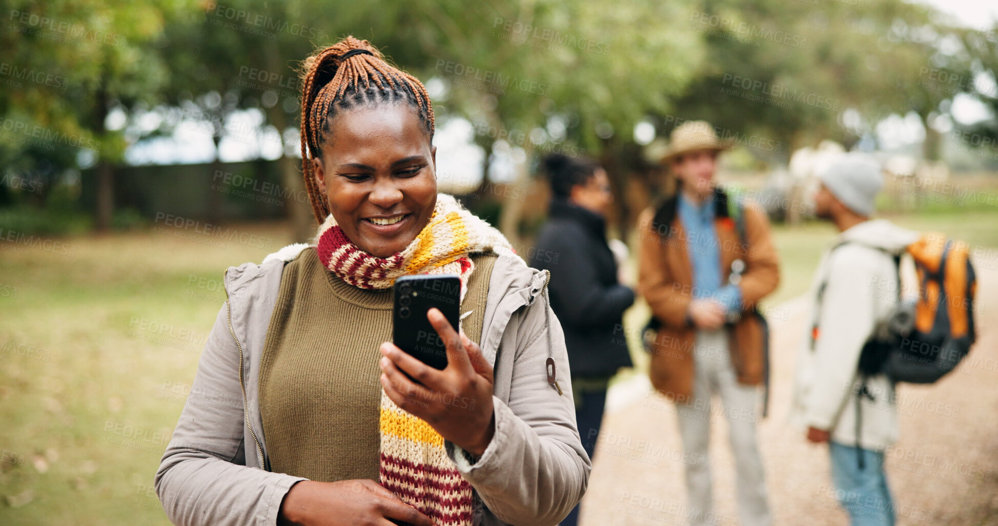 Buy stock photo Hiking, phone and smile with woman in nature for location search, online guide and contact. Trekking trail, holiday getaway and communication with people outdoor for journey explore and travel app
