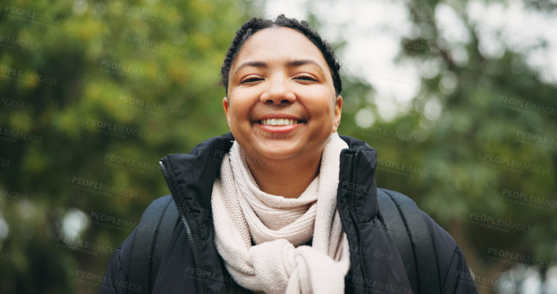 Buy stock photo Smile, portrait and hiking with woman in nature for eco tourism, travel adventure and national park. Sustainability vacation, backpacking and trekking with person outdoor for wellness and explore