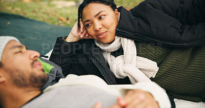 Buy stock photo Relax, love and hiking with couple in nature for travel adventure, holiday getaway and bonding. Romantic date, winter vacation and trekking with man and woman outdoor for connection and trip