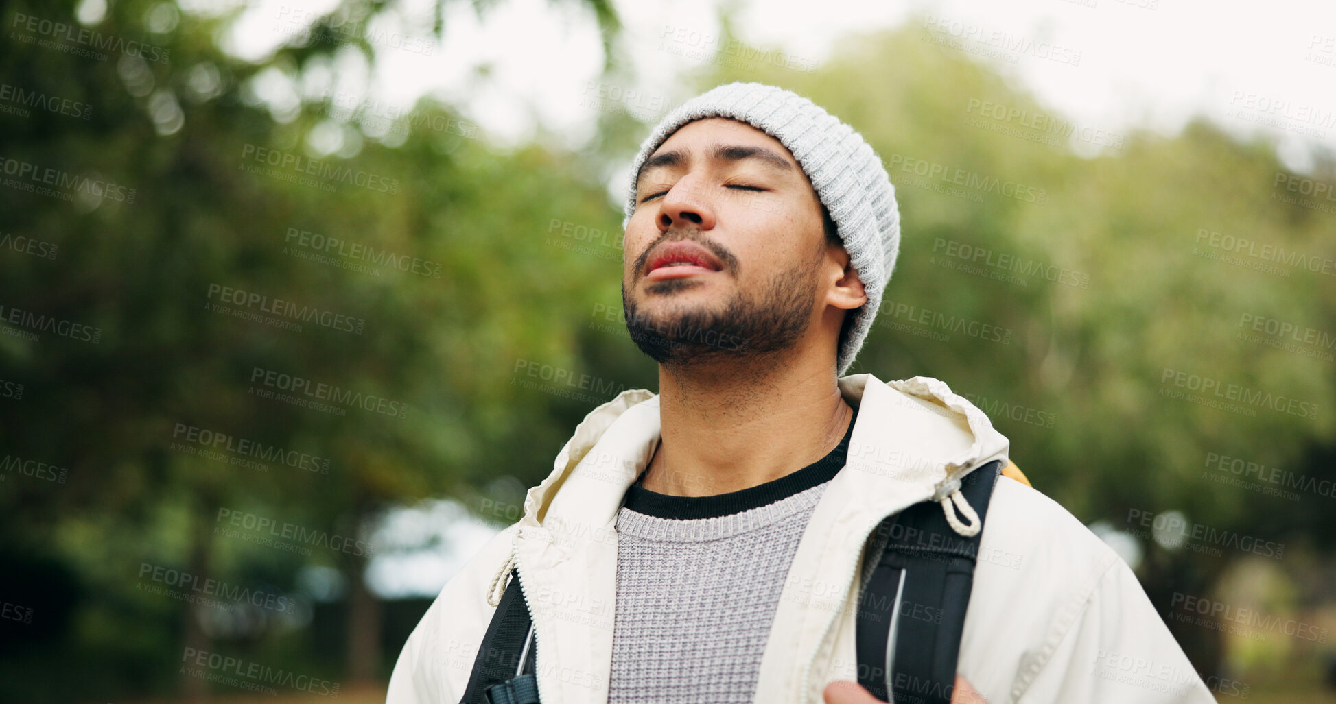 Buy stock photo Relax, breathing and hiking with man in nature for eco tourism, travel adventure and national park. Sustainability vacation, backpacking and trekking with person outdoor for wellness and peace