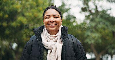 Buy stock photo Happy, portrait and hiking with woman in nature for eco tourism, travel adventure and national park. Sustainability vacation, backpacking and trekking with person outdoor for wellness and explore