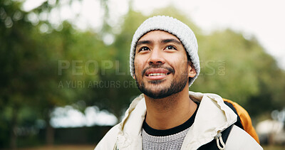 Buy stock photo Happy, thinking and hiking with man in nature for tourism, adventure and national park. Travel vacation, backpacking and trekking with male person outdoor for wellness, idea and holiday vision