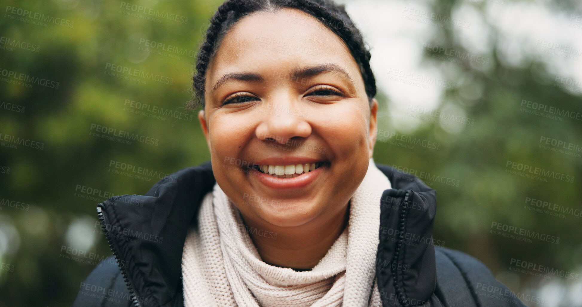 Buy stock photo Travel, portrait and hiking with woman in nature for eco tourism, adventure and national park. Sustainability vacation, backpacking and trekking with person outdoor for wellness, smile and explore