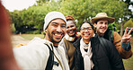 Selfie, hiking and portrait of friends in nature for social media post, travel adventure and profile picture. Trekking holiday, photography memory and vacation with group of people outdoor for pov