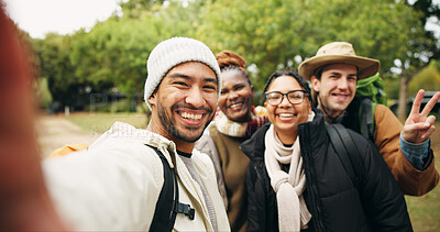 Buy stock photo Selfie, hiking and portrait of friends in nature for social media post, travel adventure and profile picture. Trekking holiday, photography memory and vacation with group of people outdoor for pov
