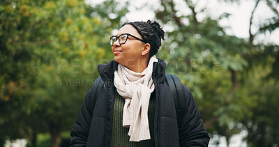 Buy stock photo Travel, thinking and hiking with woman in nature for eco tourism, adventure and national park. Sustainability vacation, backpacking and trekking with person outdoor for wellness, idea and vision