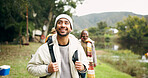 Hiking, thinking and travel with man in nature for campground arrival, adventure and eco tourism. Camping holiday, trekking getaway and happy with people walking outdoor for journey and vision