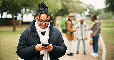 Buy stock photo Hiking, phone and typing with woman in nature for location search, online guide and contact. Trekking trail, holiday getaway and communication with people outdoor for journey explore and travel app