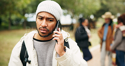Buy stock photo Worry, hiking and phone call with man in nature for no signal, location crisis and guide mistake. Connection issue, communication problem and trekking fail with people outdoor for travel error