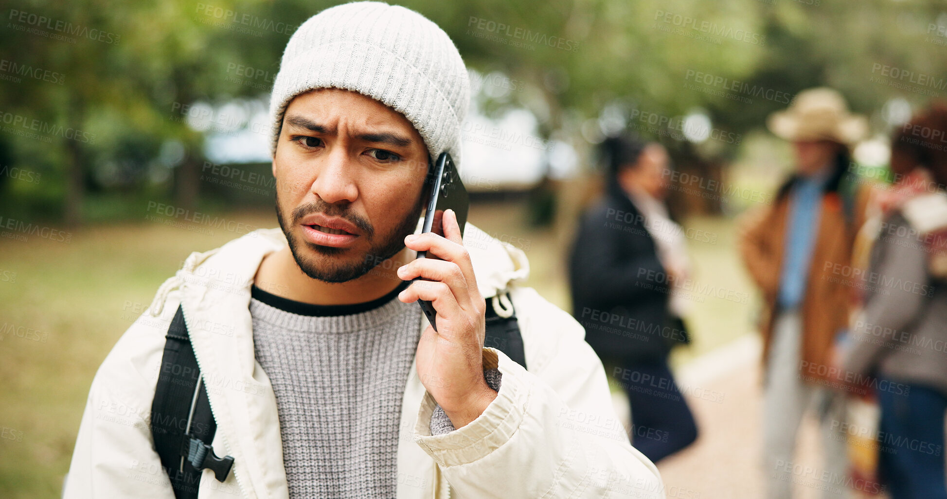 Buy stock photo Worry, hiking and phone call with man in nature for no signal, location crisis and guide mistake. Connection issue, communication problem and trekking fail with people outdoor for travel error