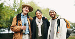 Smile, portrait and hiking with friends in nature for eco travel vacation, adventure and weekend break. Trekking, winter holiday and sustainability tourism with people outdoor for explore and trip