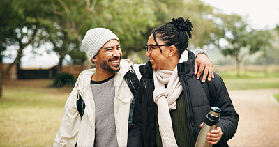 Buy stock photo Walking, love and hiking with couple in nature for travel adventure, holiday getaway and bonding. Romantic date, winter vacation and trekking with man and woman outdoor for connection and trip