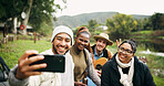 Selfie, travel and peace sign with friends in nature for social media post, adventure and profile picture. Trekking holiday, photography memory and vacation with group of people outdoor for trip
