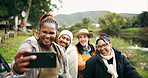 Camping, friends and people in woods, selfie for profile picture and bonding together. Happy, countryside and group in forest, capture moment for memory and trekking adventure for vacation or smile