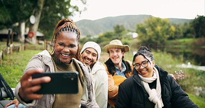Buy stock photo Camping, friends and people in woods, selfie for profile picture and outdoor bonding together. Happy, countryside and group in forest, capture moment for memory and trekking adventure for vacation