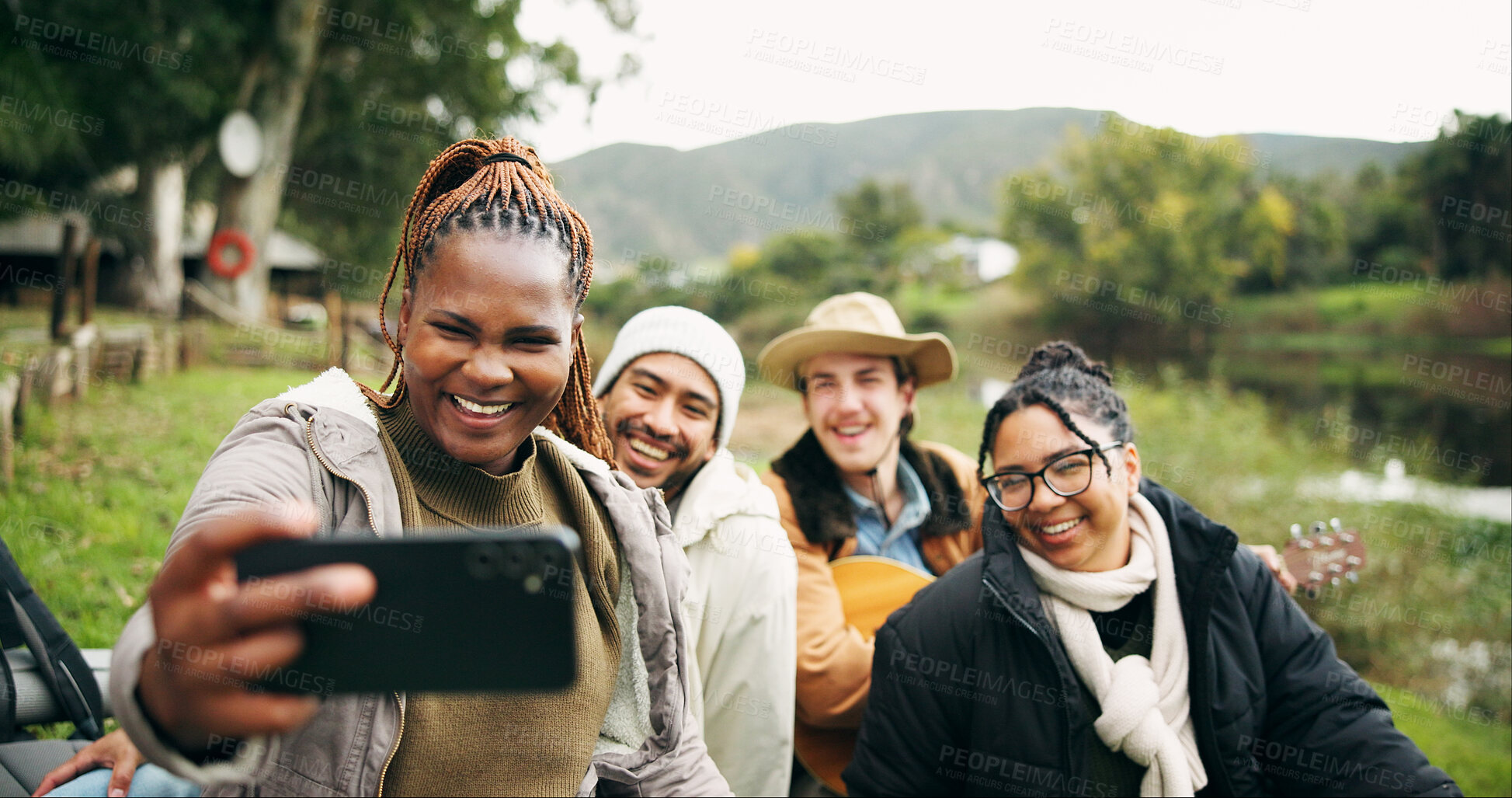 Buy stock photo Camping, friends and people in woods, selfie for profile picture and outdoor bonding together. Happy, countryside and group in forest, capture moment for memory and trekking adventure for vacation