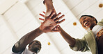 Below, business and people with hand stack in office for good news, real estate success and celebration. Smile, staff huddle and achievement for property deal, team motivation and auction milestone 
