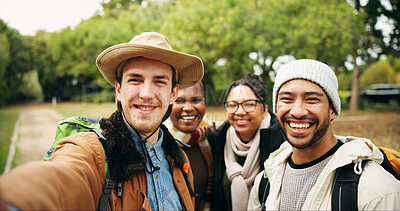 Buy stock photo Selfie, travel and portrait of friends in nature for social media post, hiking adventure and profile picture. Trekking holiday, photography memory and vacation with group of people outdoor for pov