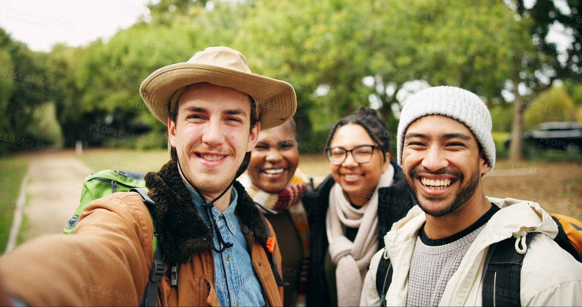 Buy stock photo Selfie, travel and portrait of friends in nature for social media post, hiking adventure and profile picture. Trekking holiday, photography memory and vacation with group of people outdoor for pov