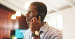 Man, listen or feedback in office with phone call, networking or planning campaign for marketing. Black person, update or contact in business with tech, connection or hearing proposal for advertising