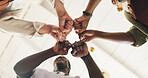 Below, business and people with handstack in office for good news, real estate success and celebration. Meeting, huddle and staff achievement for property deal, team motivation and auction milestone 