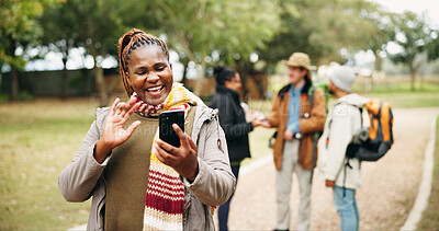 Buy stock photo Hiking, video call and woman in nature, phone for communication and greeting. Happiness, tech and person in forest, hello and digital app for online chatting, smile and trekking adventure for fitness