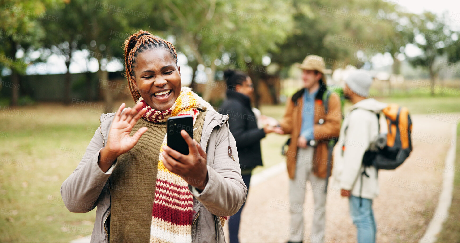 Buy stock photo Hiking, video call and woman in nature, phone for communication and greeting. Happiness, tech and person in forest, hello and digital app for online chatting, smile and trekking adventure for fitness