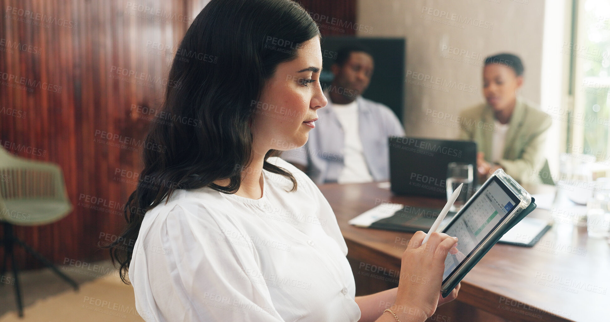 Buy stock photo Data, finance and tablet screen with business woman in office for investment or portfolio review. App, information and report with financial employee in workplace for colleague meeting or update
