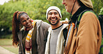 Travel, hiking and laughing with friends in nature for relax, adventure and winter vacation. Weekend break, wilderness explore and holiday getaway with people outdoor for trekking, joke and bonding