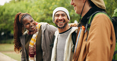 Buy stock photo Travel, hiking and laughing with friends in nature for relax, adventure and winter vacation. Weekend break, wilderness explore and holiday getaway with people outdoor for trekking, joke and bonding