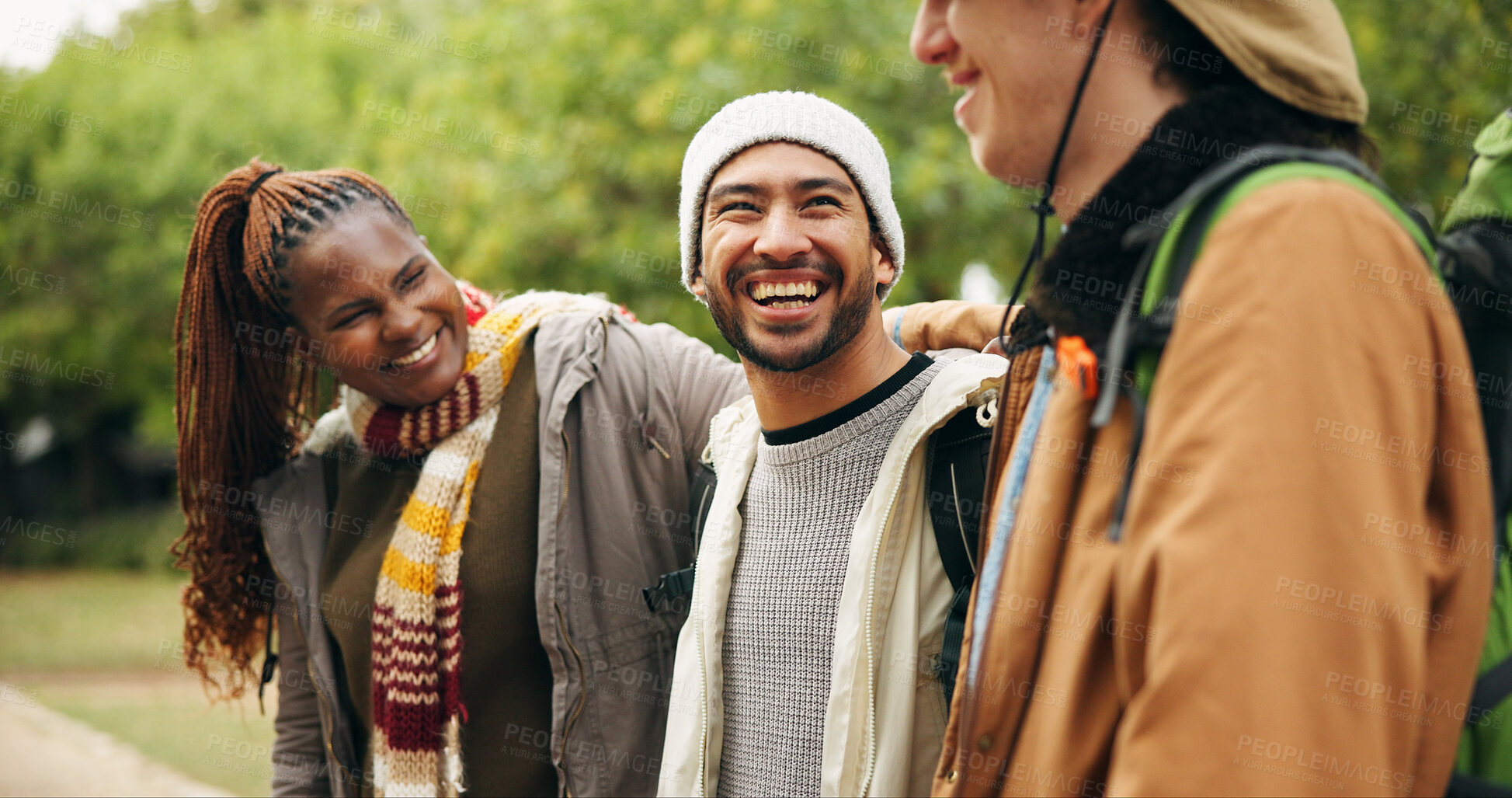 Buy stock photo Travel, hiking and laughing with friends in nature for relax, adventure and winter vacation. Weekend break, wilderness explore and holiday getaway with people outdoor for trekking, joke and bonding