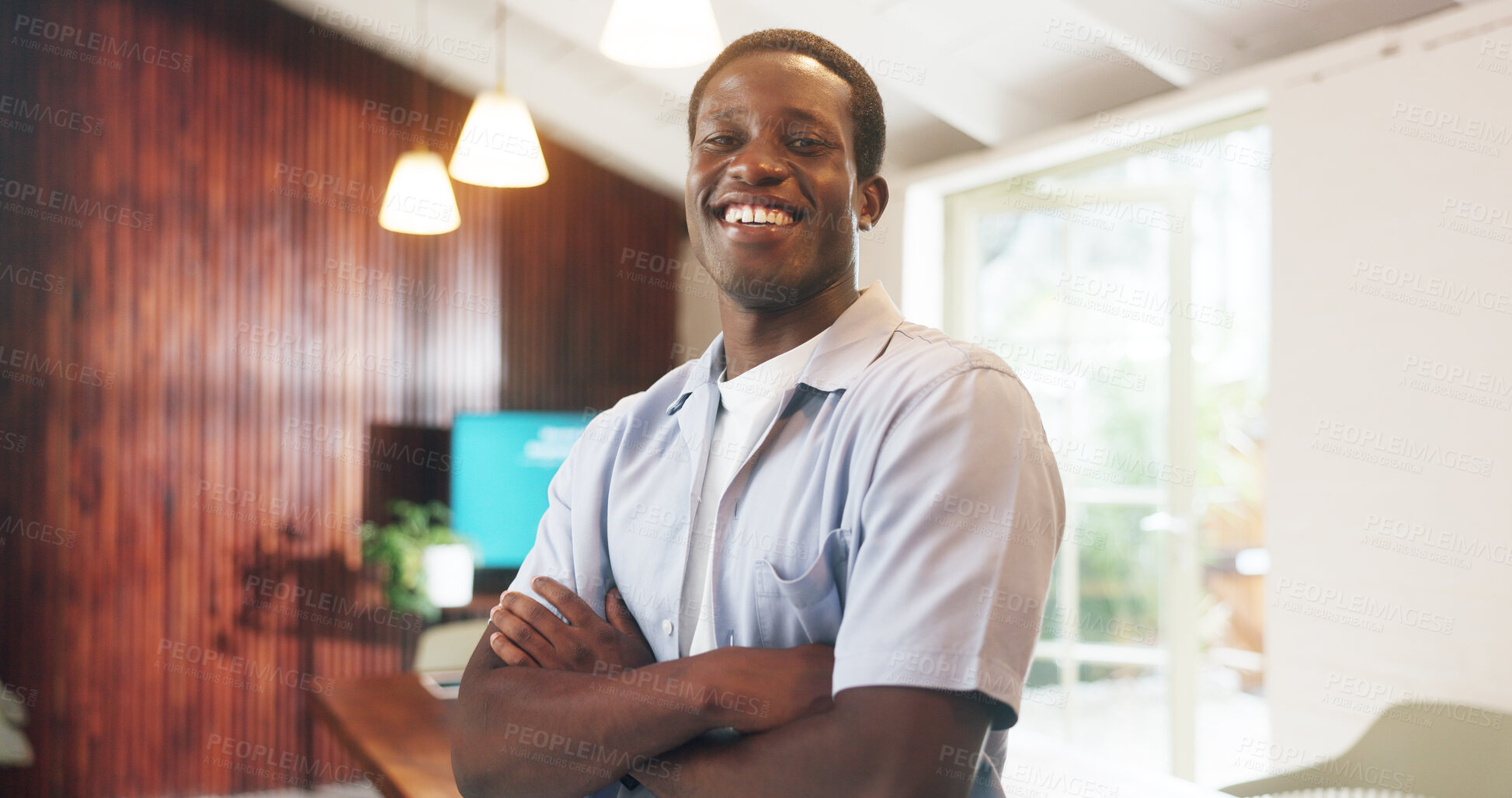 Buy stock photo Internship, portrait or black man in office with arms crossed, career or about us in creative industry. Smile, pride or marketing clerk with confidence, work or experience in campaign development.