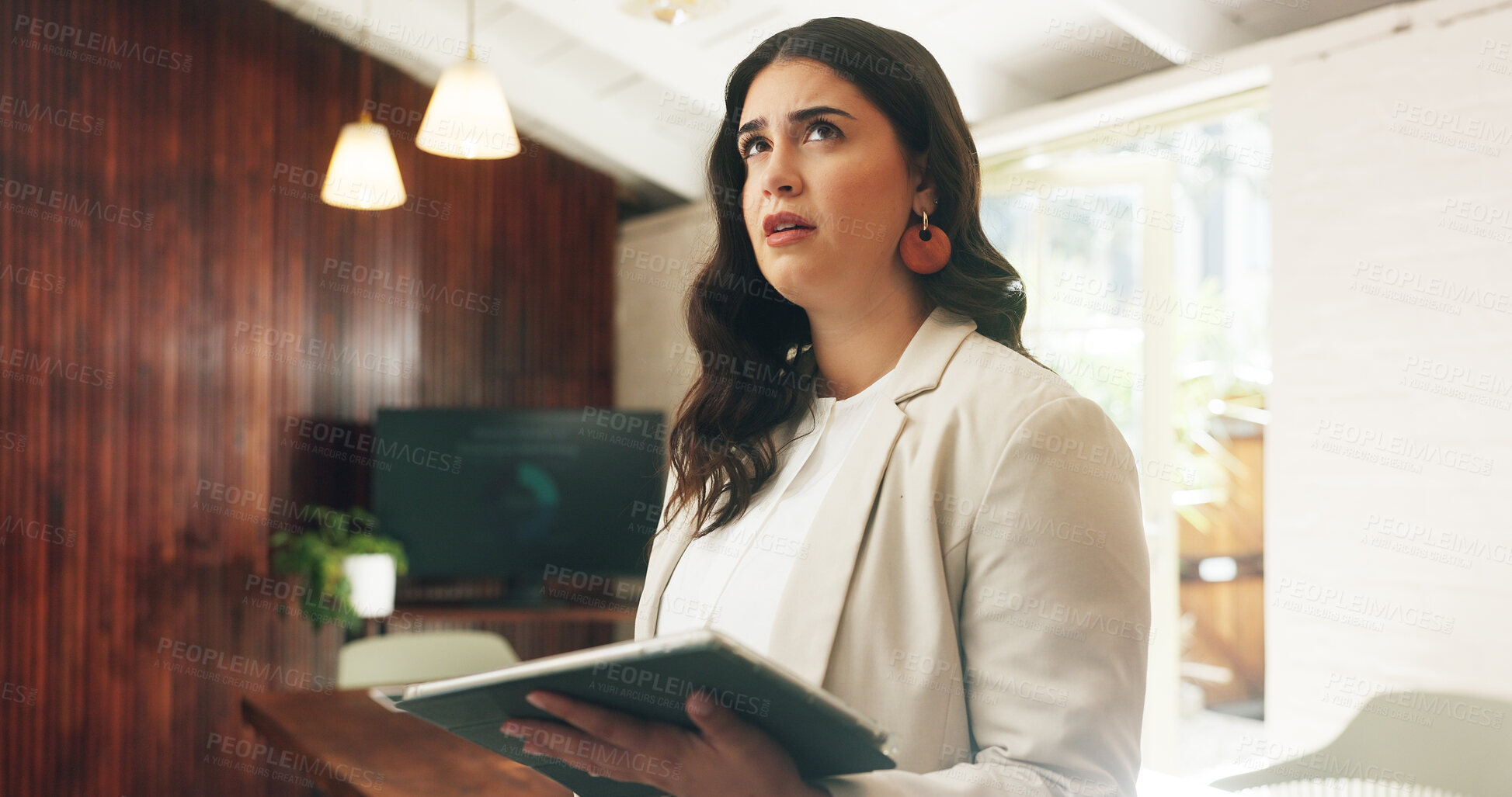 Buy stock photo Confused, finance and tablet with business woman in office for investment or portfolio review. App, doubt and information with financial employee in workplace for problem solving, solution or update