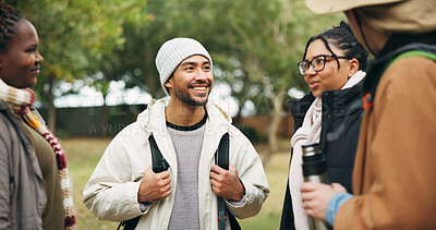 Buy stock photo Education, talk and college with friends outdoor for class discussion, study group and support. University conversation, students and future with people on campus for morning gossip and chat