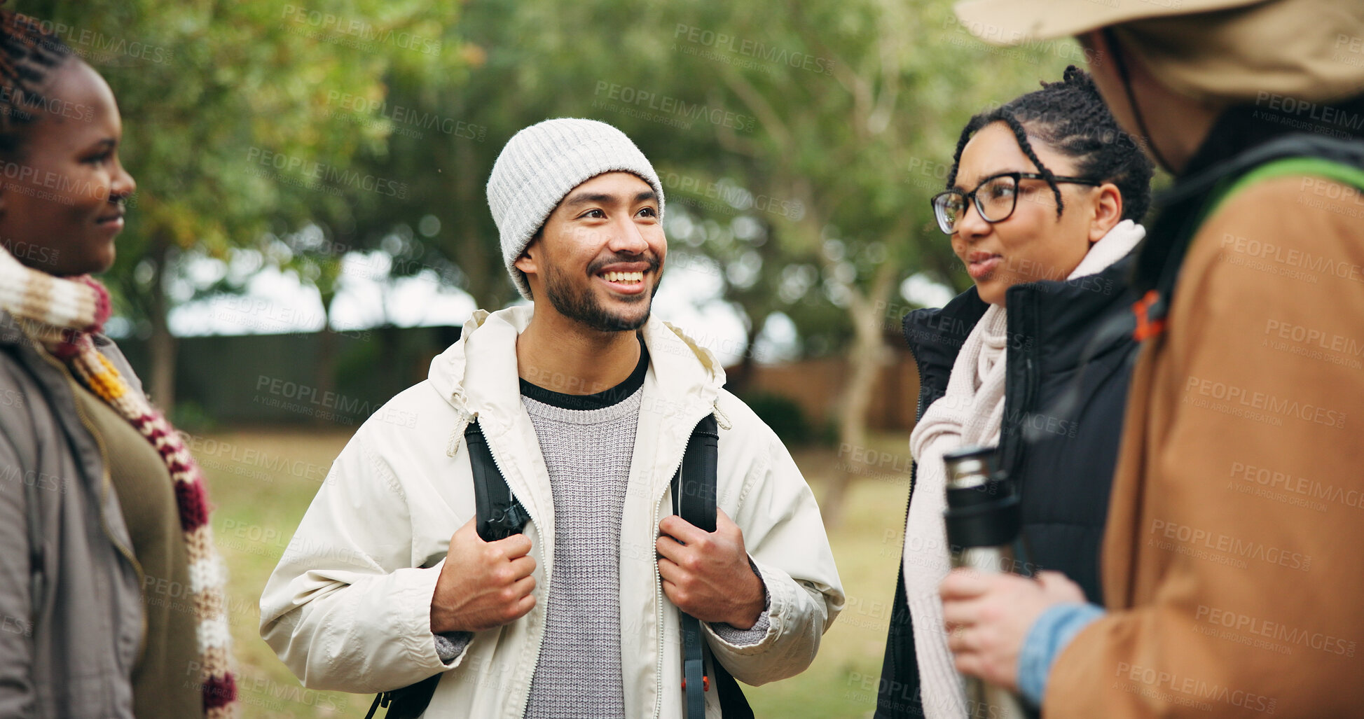Buy stock photo Education, talk and college with friends outdoor for class discussion, study group and support. University conversation, students and future with people on campus for morning gossip and chat